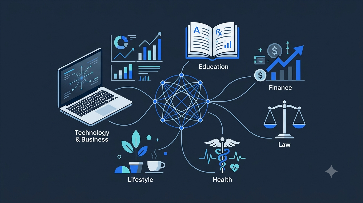 Minimal editorial vector illustration of a central digital network connecting technology, business, education, finance, health, law, and lifestyle icons for Letsconnecting.com on a deep navy background.